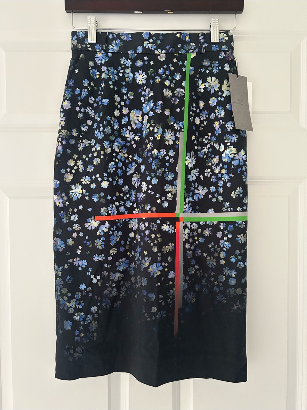 NWT Preen by Thornton Bregazzi Joslyn Black Pencil Skirt with Blue Floral Print